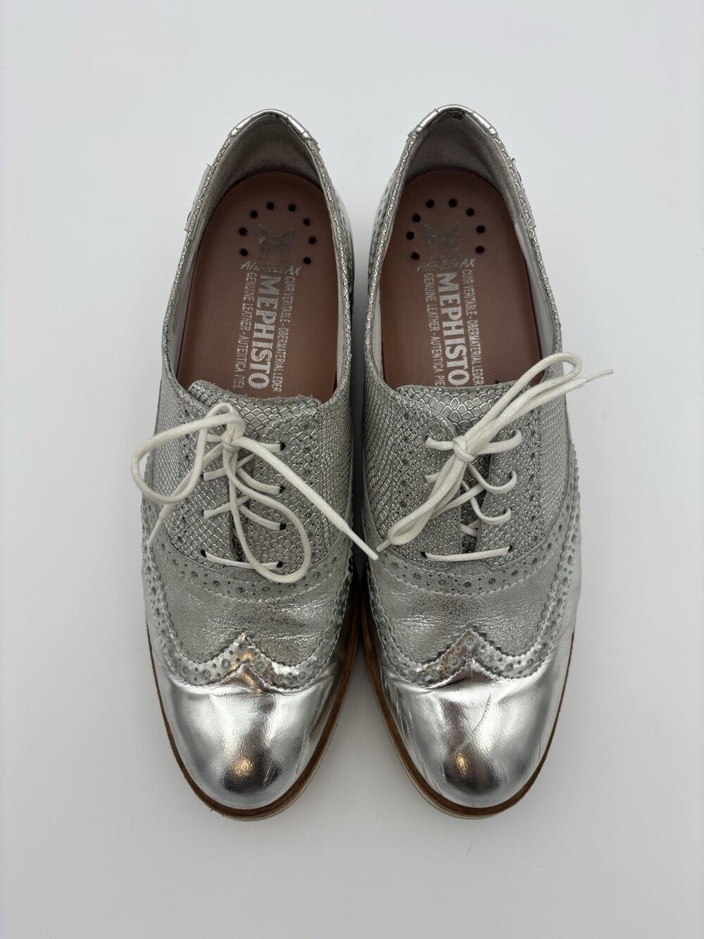 Mephisto Wing Tip Oxfords Wedge Platform Silver Leather Size 8.5 Air Relax